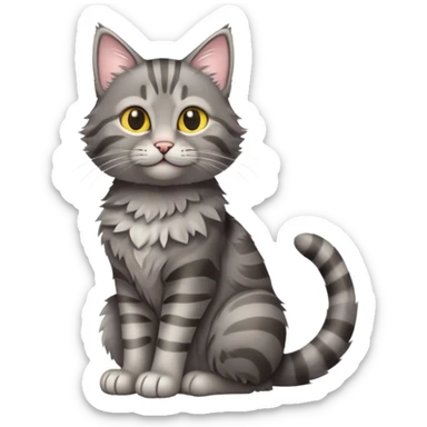 cinematic-[grey tabby cat]-realistic-full-body-sitting-emoji,-tail-curled-playfully-around-its-paws,-head-tilted-dramatically,-scruffy-[grey]-fur,-simplified-yet-realistic-focused-features,-highly-detailed,-glowing-with-an-almost-sarcastic-glow sticker