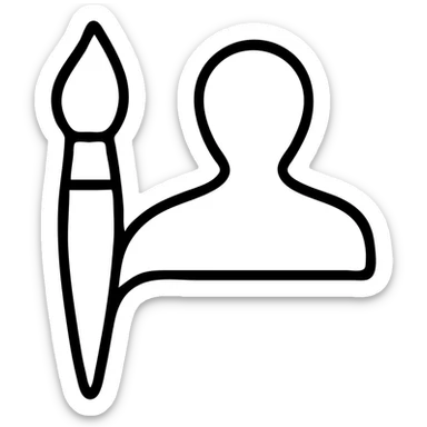 A paintbrush morphing into a polished silver human emblem sculpture silhouette, symbol of artistic identity sticker