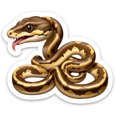 A close-up 3/4 view of the Ball Python with the front half raised slightly in an S-shape and its tongue flicking out. The head is angled curiously toward the viewer, showing both personality and motion. sticker