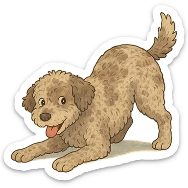 playful pose Lagotto Romagnolo dog, roan coat, gentle lighting, ghibli style sticker