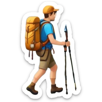 Icon for Mountain Tourism: a scenic mountain range with a hiker carrying a backpack, trekking poles, and a compass. The icon should evoke the adventure and beauty of exploring the mountains. Transparent background. sticker
