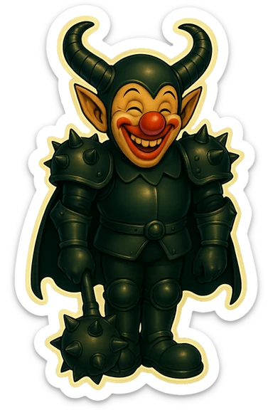 A menacing but jovial armored clown with ram horns, glossy black on matte black armor, short cape hanging straight down, large but not comically oversized black clown shoes, standing relaxed with feet close together, arms down, oversized spiked mace hanging to the ground, eyes barely open, smiling and looking cheerful, vibrant retro stickers style, no yellow aged tint, full body, transparent background. sticker