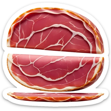 thin, elegantly folded slices of dry-cured Italian ham prosciutto, soft translucent texture, deep pink-red color, visible marbling of creamy white fat, slight natural curl, silky surface, no plate, garnish, or packaging, soft lighting, subtle shadows, emoji scale sticker