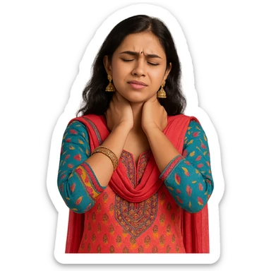 A young woman in salwar kameez, holding her neck with both hands, traditional jewelry, colorful, no background sticker