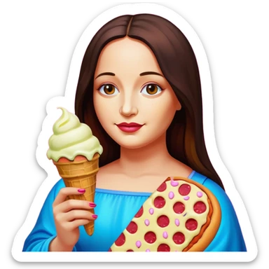 pop art neon Monalisa holding Melted spam meat ice cream pizza slice sticker
