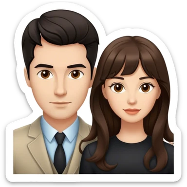 Quiero una pareja de 30 años muy guapos. La chica con pelo largo castaño y rizado pero con el flequillo liso. El chico con el pelo corto, liso, negro y con un poco tupe , piel blanca y sin barba sticker