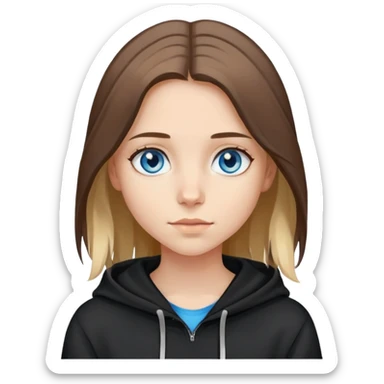 girl with blue eyes, shoulder-length brown hair with light blonde streaks, wearing a black hoodie sticker