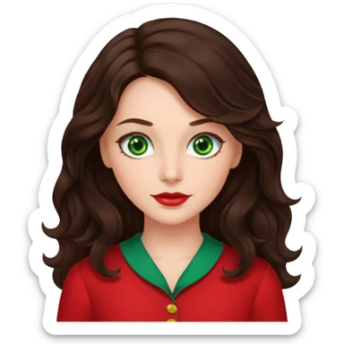 Leslie Bryant from Summer of Fear with long dark brown wavy hair, green eyes, red outfit sticker