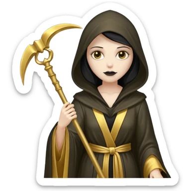 feminine grim reaper in a gold with scythe sticker