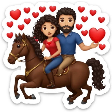 pareja de Mujer morena rizada cabello largo castaño ojos oscuros y hombre piel blanca con caballo oscuro con barba y ojos marron alrededor de la pareja corazones sticker