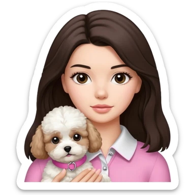 brunette woman with long hair resembling Kendall Jenner holding a white Maltipoo dog with a pink collar sticker