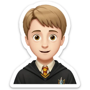 Hugh Mitchell is colin creevey in harry potter, wear hogwarts uniform,  Short light brown hair, small and skinny, with a perpetual look of excitement on his face. sticker