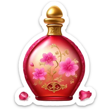 An antique perfume gradient red and pink bottle in oriental style, oil perfumes inside, sequins and flowers flying around sticker