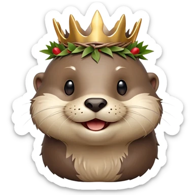 really cute smiling joyful otter face in three-quarter profile view with simple thorny stem wrapped horizontally around its forehead like Jesus Christ's Crown of thorns, Apple emoji style, glossy finish, polished look sticker