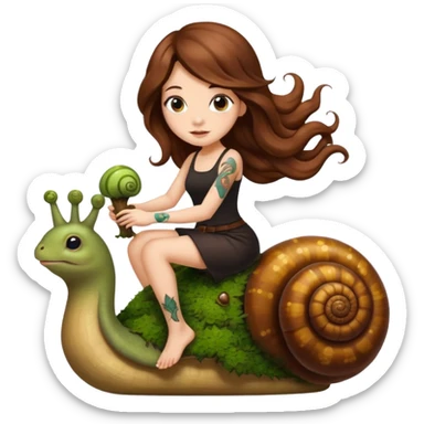 cute woman long wavy brown hair tattoos riding moss snail sticker