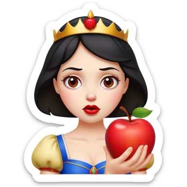 Cinematic Funny Snow White Portrait Emoji, Holding an apple with a suspicious expression, one eyebrow raised, lips pursed as if questioning her life choices, a hilariously relatable fairy tale moment! sticker