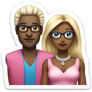 black man with black afro and glasses and wearing a red shirt next to a blonde white woman with blue eyes wearing a pink dress and a big diamond necklace sticker