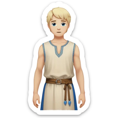 medieval summer outfit worn by a DnD themed fantasy character. basic lightweight sleeveless tunic with a decorative trim along the edges. clothes only above the waist. The clothes full waist. The character's haven't arms. character is blonde hair, blue eyes, short messy hair, white-skinned man. sticker