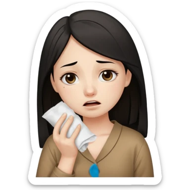 a pretty bratz fair girl wearing a brown pajamas, dark circles, crying, holding tissues. black hair sticker
