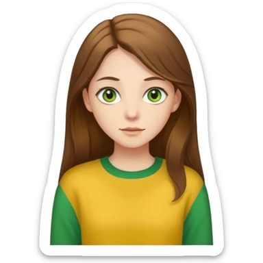 please create an emoji of a semi pale girl with long brown hair, green eyes, wearing a yellow sweater sticker