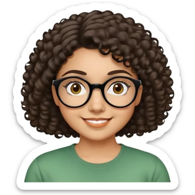 Young Latina woman with light brown skin. Round friendly face. Dark brown eyes with black-framed glasses. Thick arched eyebrows. Short voluminous curly hair. Big smile showing dimples. Wearing a green casual top. sticker