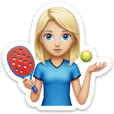 Blond girl with blue eyes holding a pickleball sticker