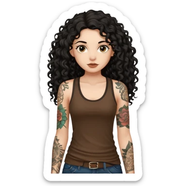 a pretty bratz fair girl with black long curly hair in a brown tank top with tattoos sticker