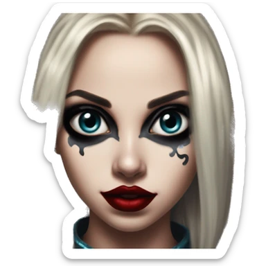 Rockstar Jasmine in Harley Quinn style, oil paint, mysterious eyes, intricate lips, masterpiece portrait, odd perspective, beautiful, desirable, logical sticker