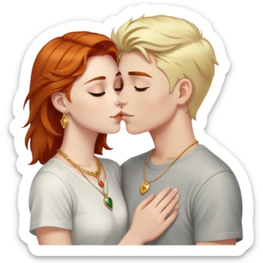 young 20 year old redhead girl with dark blonde eyebrows wearing gold jewelry and light clothes kissing a young 20 year old white-haired boy wearing dark t-shirt sticker