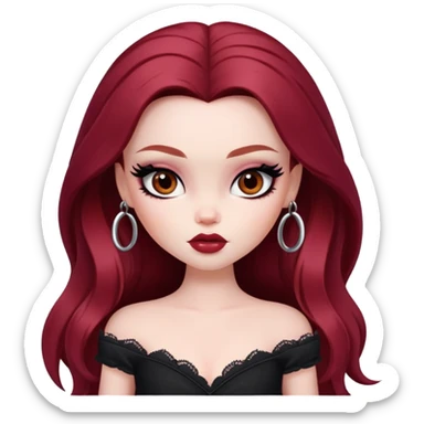  long dark red hair, pale skin, dark brown eyes, pretty bratz baddie, black eyeliner, blush sticker