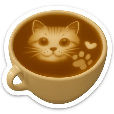 Replace the paw print in the latte art with a realistic dog paw print, keep the cat face and heart as they are. Maintain realistic texture and gentle lighting. Remove the background completely. sticker