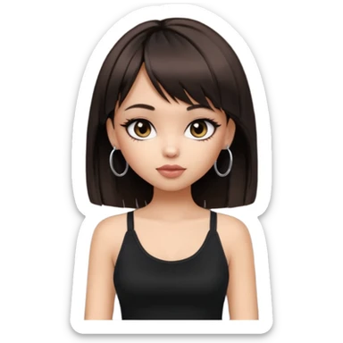 generate a pretty bratz girl in black cami top, dark brown straight bob hair with bangs, eyeliner on, listeninh to music sticker