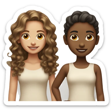 2 girls one that has light skin and small wavy hair and the other with brown skin and heat curled hair sticker