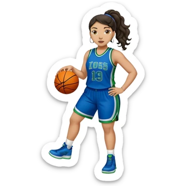 full body plus size light skin  latino women basketball player with wavy dark hair in pony tail wide nose wearing blue uniform with green accent sticker