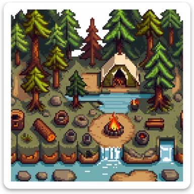 forest camping tile set with trees, tent, campfire, logs, river, rocks, and bushes sticker