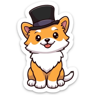 cute small dog with plain light tan fur, black nose, black round eyes, curly fluffy medium length hair, wearing a top hat sticker