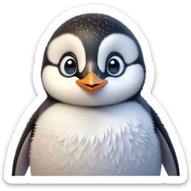 Cinematic Cute Baby Penguin Portrait Emoji, Head tilted playfully and inquisitively, with irresistibly fluffy plumage accented by a tiny beak and round, sparkling eyes filled with wonder, Simplified yet irresistibly adorable features, highly detailed, glowing with a warm, friendly polar glow, high shine, affectionate and lively, stylized with a touch of whimsical charm, bright and endearing, soft glowing outline, capturing the essence of a mischievous yet loving penguin that feels like it could slide out of the screen into your arms! sticker