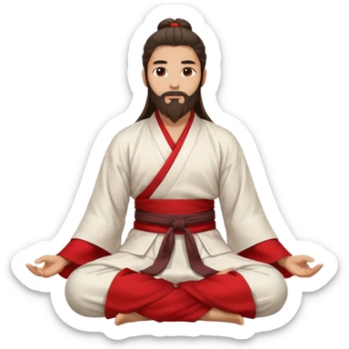Beautiful man with lightly tan skin and dark long beard, long hair in bun, in white and red Hanfu sitting on the ground sticker