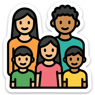 A Hispanic family of five standing together with transparent background: mom with long straight hair, dad with short curly hair, two boys with matching short hair, and one girl with long straight hair, correct genders and ages, color outline style sticker