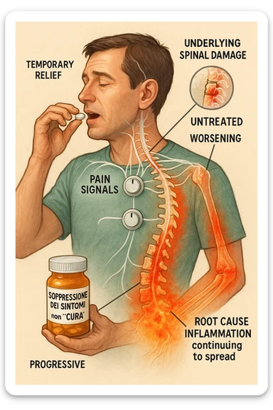 Man taking pain medication for chronic back pain, pills shown as dimmer switches turning down pain signals in transparent nervous system overlay, underlying spinal damage remaining completely untreated and worsening, expression of temporary relief masking progressive deterioration, medication bottle labeled 'symptom suppression' not 'cure', root cause inflammation continuing to spread in italiano sticker