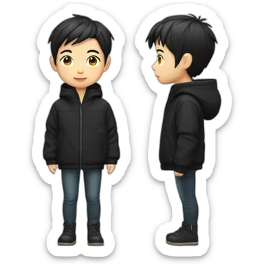 Japanese short-haired Chinese boy wearing a cool black oversize waterproof jacket sticker
