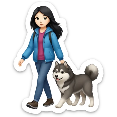A girl with long black hair walking a small Alaskan Malamute  sticker