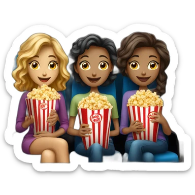 three beautiful ladies watching movie at the cinema eating popcorn, dark background sticker