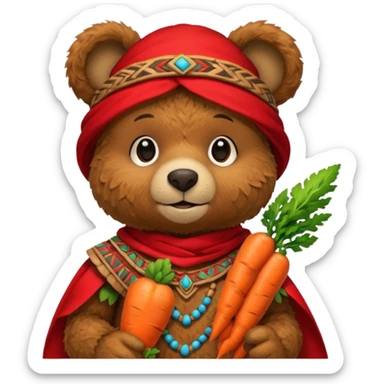 teddy bear Upper eat carrot , wearing red mayan ancient custome, half body sticker