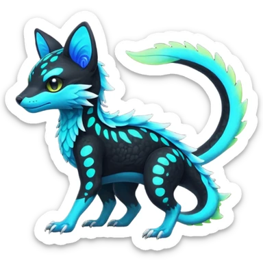 Rare realistic black-scaled neon-glowing bioluminescent edgy badass epic pretty beautiful handsome gorgeous aesthetic colorful vibrant Vernid-Trico-species-Fakemon-creature by LiLaiRa, 4 legs, 1 tail, random markings, (full body) sticker