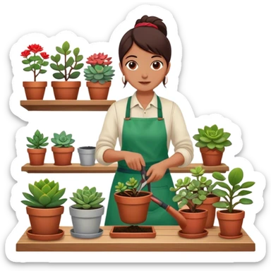 Close-up of a person planting a sapling in a pot. Around, potted plants and succulents with vibrant leaves and flowers. Sunlight filters through the window, casting soft shadows. Cozy indoor space with gardening tools on a wooden table. sticker