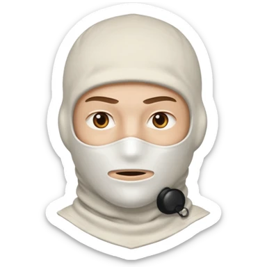 head of a white guy with brown eyes wearing a white balaclava, with a serious expression sticker