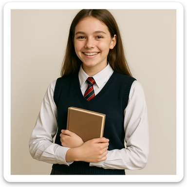 teenage girl in a classic school uniform, smiling, holding a book sticker