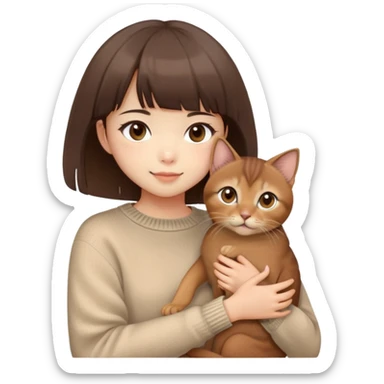 Cute East Asian girl, fair skin, big brown eyes, straight bangs, inward brown bob. Wearing a soft beige knit sweater, holding a fluffy Abyssinian cat in arms, gentle smile sticker