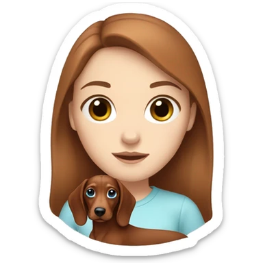 White girl with brown hair and blue eyes holding a red dachshund  sticker